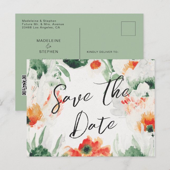 Postal De Anuncios Flores salvajes verdes y naranjas Código QR Guarda (Anverso / Reverso)