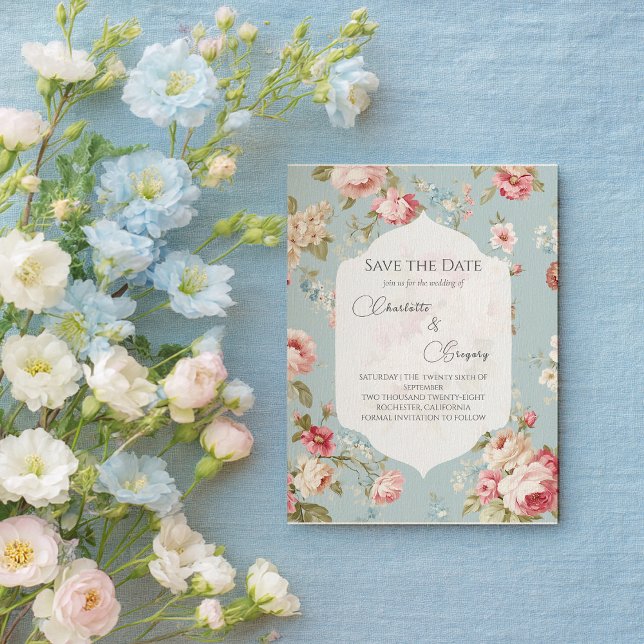 Postal De Anuncios Flores Shabby Chic para boda Save the Date (Subido por el creador)