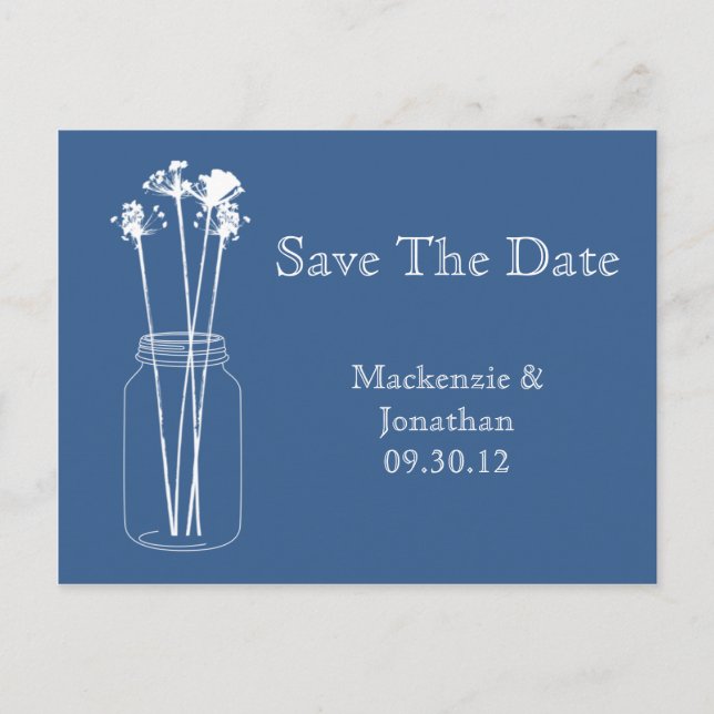 Postal De Anuncios Flores silvestres en tarro de mason azul antiguo g (Anverso)