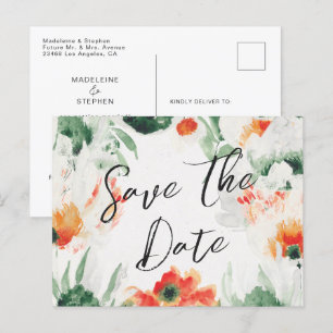 Postal De Anuncios Flores silvestres verdes y naranjas Save the Date