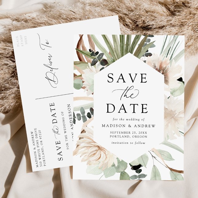 Postal De Anuncios Flores Tropicales Boho Neutrales Guardar la Fecha (Subido por el creador)