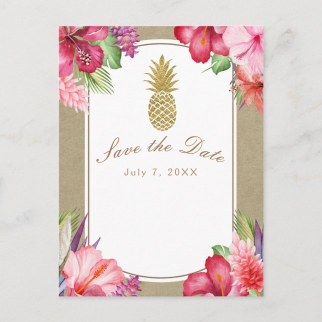Postal De Anuncios Flores Tropicales & Piña Dorada Save the Date (Anverso)