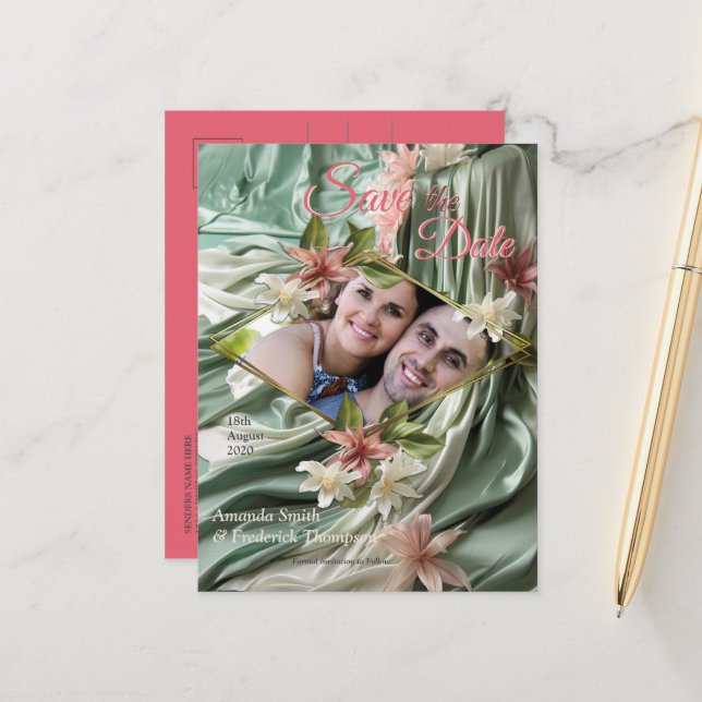 Postal De Anuncios Flores verdes, crema, sedas y rosadas (Anverso/Reverso In Situ)