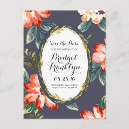 Postal De Anuncios flores vintage azul marino y dorado save the date