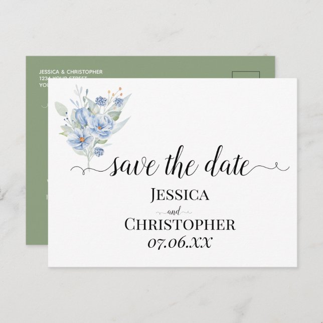 Postal De Anuncios flores y hojas de acuarela azules polvorientas rús (Anverso / Reverso)