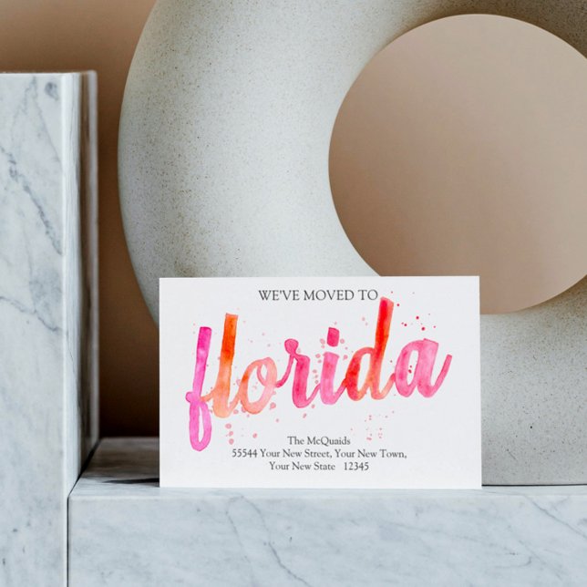 Postal De Anuncios Florida Nos hemos mudado Hot Pinks Acuarela  Mudán (The rich pinks and oranges of this hand painted watercolor art sums up sunny Florida perfectly!)