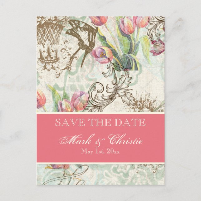 Postal De Anuncios Flutterbyes 'n Tulips Elegant Save the Date Card (Anverso)