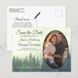 Postal De Anuncios Foggy Green Pine Trees Oval Photo Save the Date