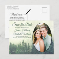 Foggy Green Pine Trees Oval Photo Save the Date