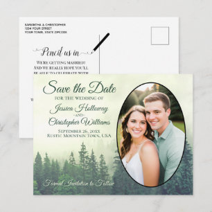 Postal De Anuncios Foggy Green Pine Trees Oval Photo Save the Date
