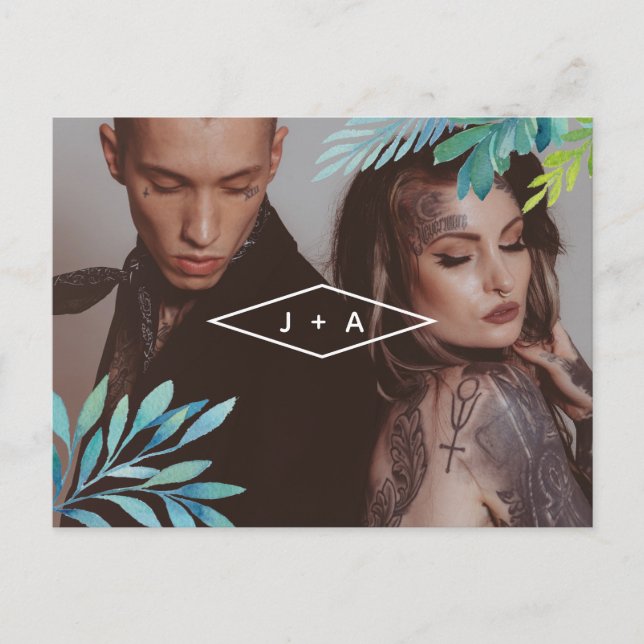 Postal De Anuncios Foliage de acuarela tropical Guardar la fecha (Anverso)