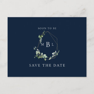 Postal De Anuncios Foliage Monograma Wedding Save the Date Navy