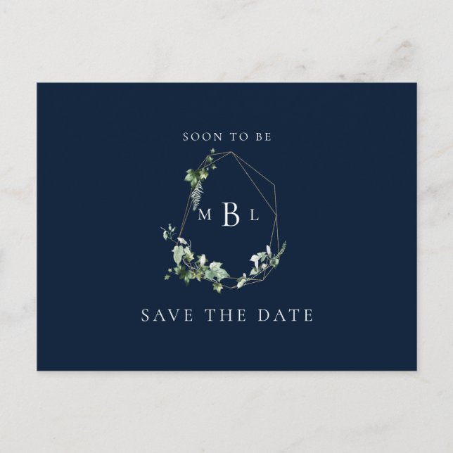 Postal De Anuncios Foliage Monograma Wedding Save the Date Navy (Anverso)