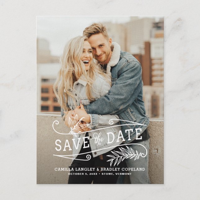 Postal De Anuncios Foliage Overlay Vertical Photo Save the Date (Anverso)
