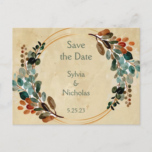 Postal De Anuncios Follaje Botánico Otoño Save the Dates (Anverso)