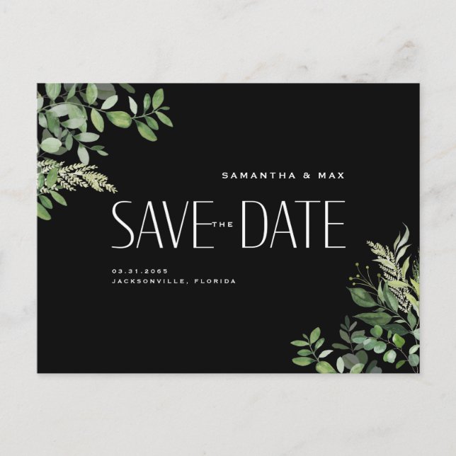 Postal De Anuncios Follaje Contemporáneo Negro Save the Date de Boda (Anverso)