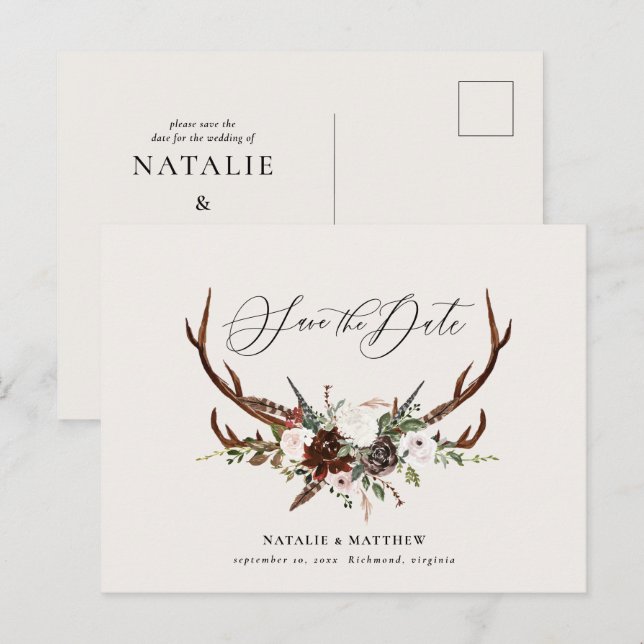 Postal De Anuncios Follaje rústico y asta para guardar la fecha (Anverso / Reverso)