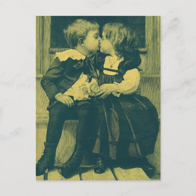 Postal De Anuncios Foto antigua de amor y romance, niños besándose (Anverso)