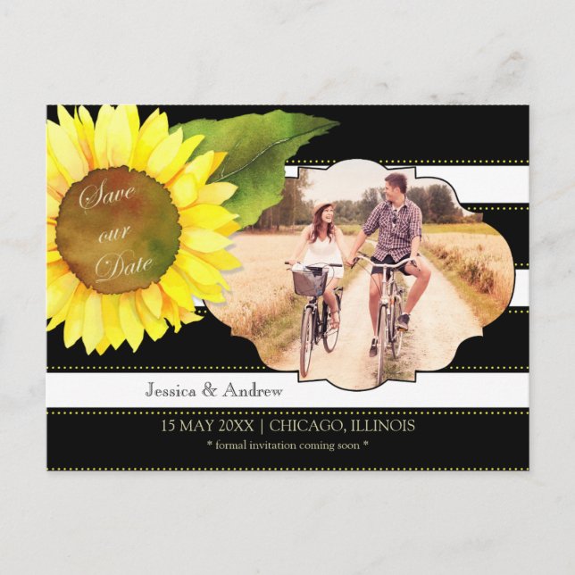 Postal De Anuncios Foto Boda de girasol y rayas Guardar fecha (Anverso)