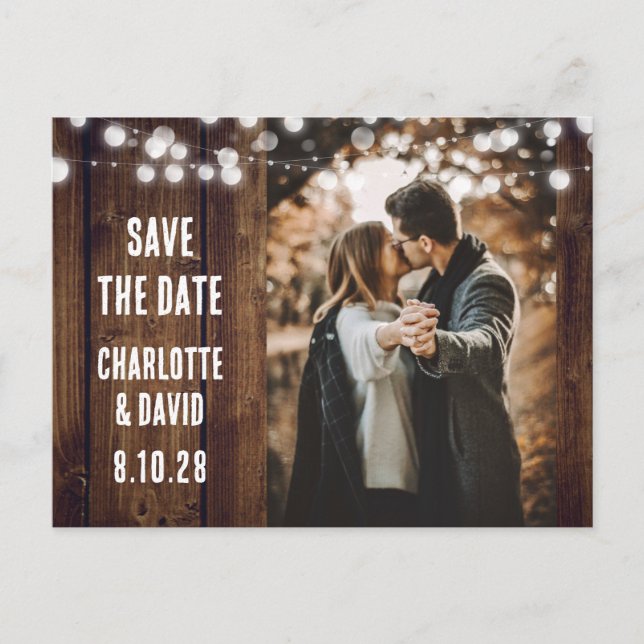Postal De Anuncios Foto Boda de Rustic Wood String Lights (Anverso)