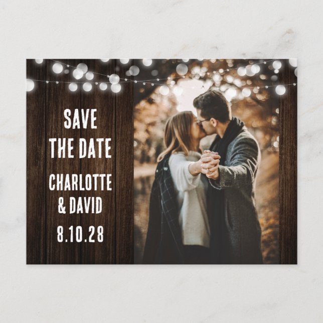 Postal De Anuncios Foto Boda de Rustic Wood String Lights (Anverso)