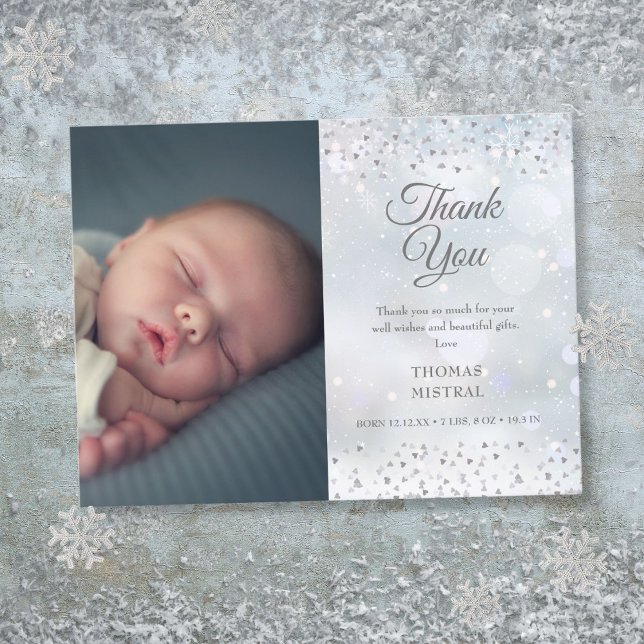 Postal De Anuncios Foto de agradecimiento de corazones de plata Nacim (Silver Hearts Thank You Photo Winter Baby Birth Announcement Postcard)