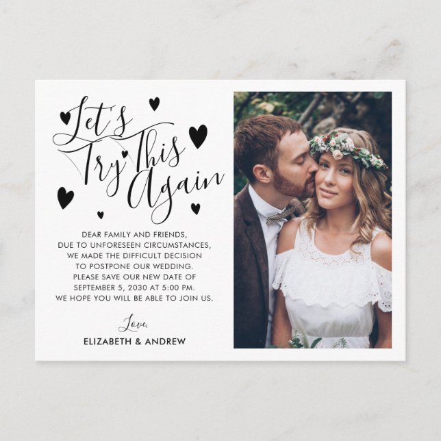 Postal De Anuncios Foto de aplazamiento de boda cambiar fecha intenta (Anverso)