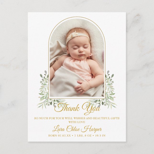 Postal De Anuncios Foto de Baby Arch Greenery Gold Gracias A Nacimien (Anverso)