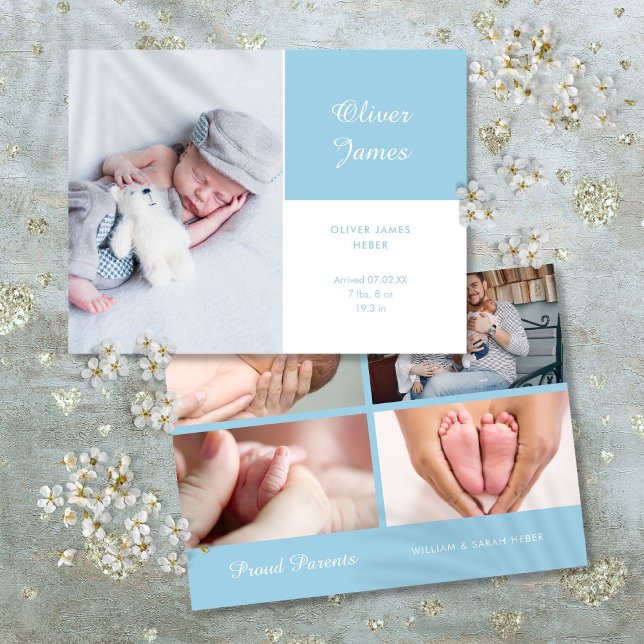 Postal De Anuncios Foto de Baby Boy Elegant Guión Moderno Nacimiento  (Baby Boy Photo Modern Elegant Script Blue Birth Announcement Postcard)