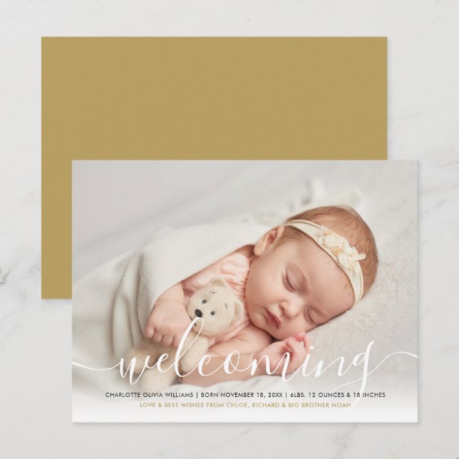 Postal De Anuncios Foto de bebé Elegante guión de bienvenida Cumpleañ (Anverso / Reverso)