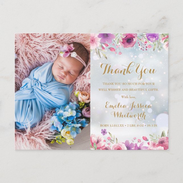 Postal De Anuncios Foto de bebé floral invierno agradecimiento nacimi (Anverso)