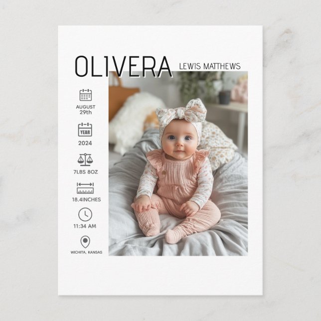 Postal De Anuncios Foto de bebé y estadísticas (Anverso)