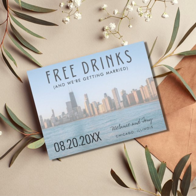 Postal De Anuncios Foto de Bebidas Gratis Boda Chicago Save the Date (Subido por el creador)
