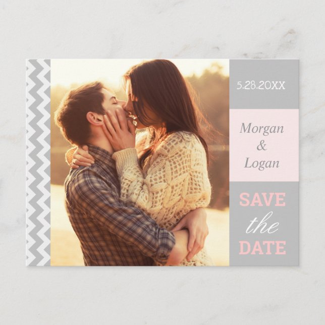 Postal De Anuncios Foto de boda con Chevron Gris Save the Date (Anverso)