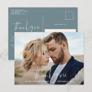 Postal De Anuncios Foto de boda con guión gracias moderno minimal azu