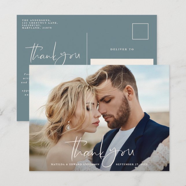 Postal De Anuncios Foto de boda con guión gracias moderno minimal azu (Anverso / Reverso)