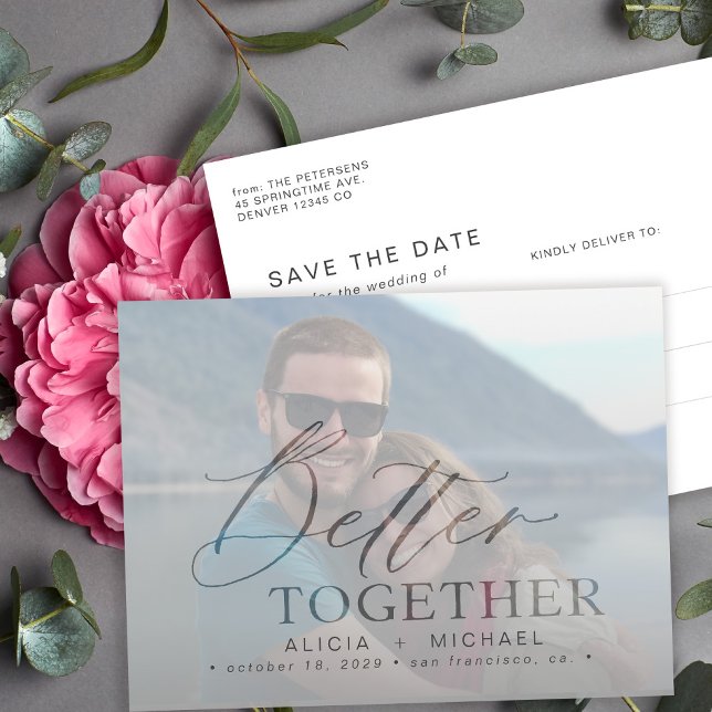 Postal De Anuncios Foto de boda con guión moderno para guardar la fec (Subido por el creador)