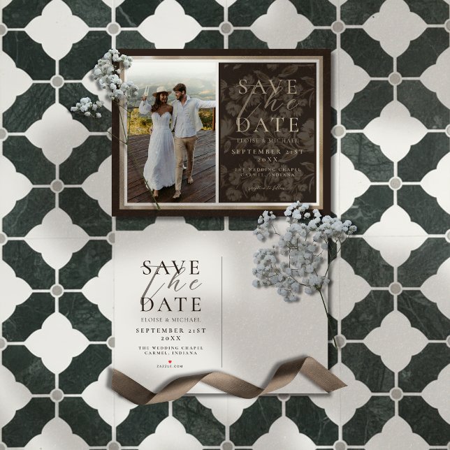 Postal De Anuncios Foto de boda con patrón botánico marrón rústico (Announce your big day in a sophisticated style with this Rustic Brown Botanical Pattern Photo Card!)