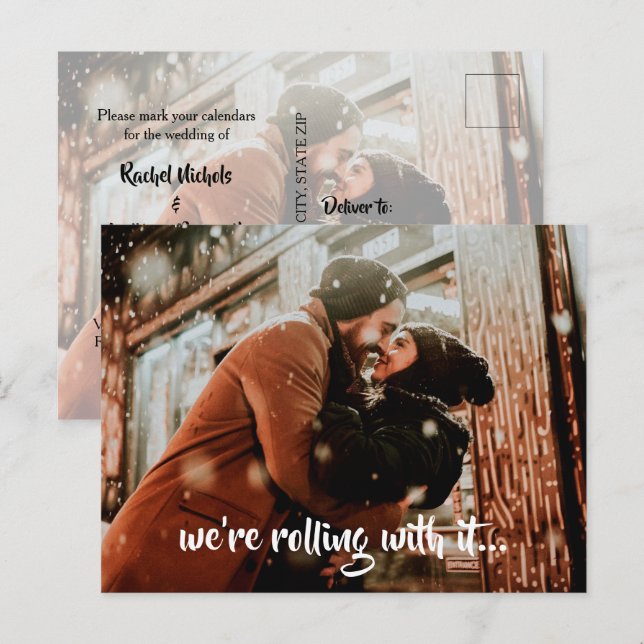 Postal De Anuncios Foto de Boda de guión moderno Guardar la fecha (Anverso / Reverso)