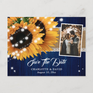 Postal De Anuncios Foto de boda de madera de girasol azul marino