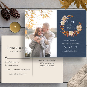 Postal De Anuncios Foto de boda de otoño de azul marino Save The Date