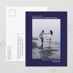 Postal De Anuncios Foto de Boda Minimalista azul marino Save the Date