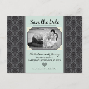 Postal De Anuncios Foto de Damask de época Sage Green Save the Date