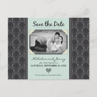 Postal De Anuncios Foto de Damask de época Sage Green Save the Date