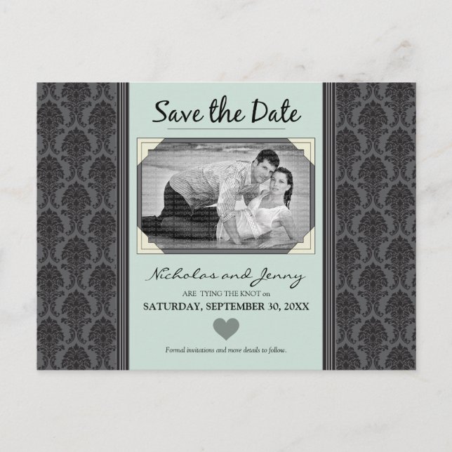 Postal De Anuncios Foto de Damask de época Sage Green Save the Date (Anverso)