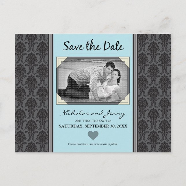 Postal De Anuncios Foto de Damask vintage Aqua Blue Save the Date (Anverso)