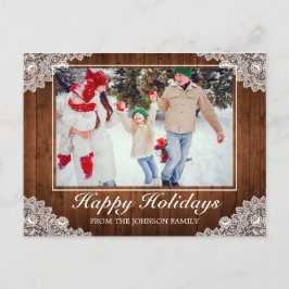 Postal De Anuncios Foto de Felices Fiestas con Madera Rústica y Encaj