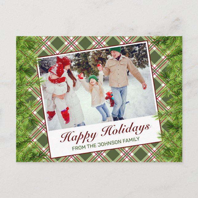 Postal De Anuncios Foto de Felices Fiestas de Plaid Verde Rojo de Pin (Anverso)