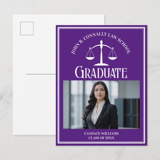 Postal De Anuncios Foto de graduación de la facultad de derecho púrpu (Anverso / Reverso)