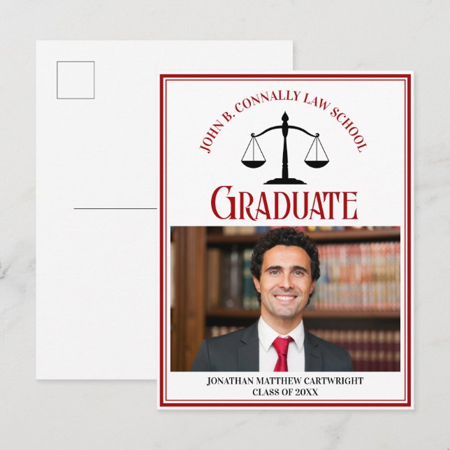 Postal De Anuncios Foto de graduación de la Facultad de Derecho Red B (Anverso / Reverso)